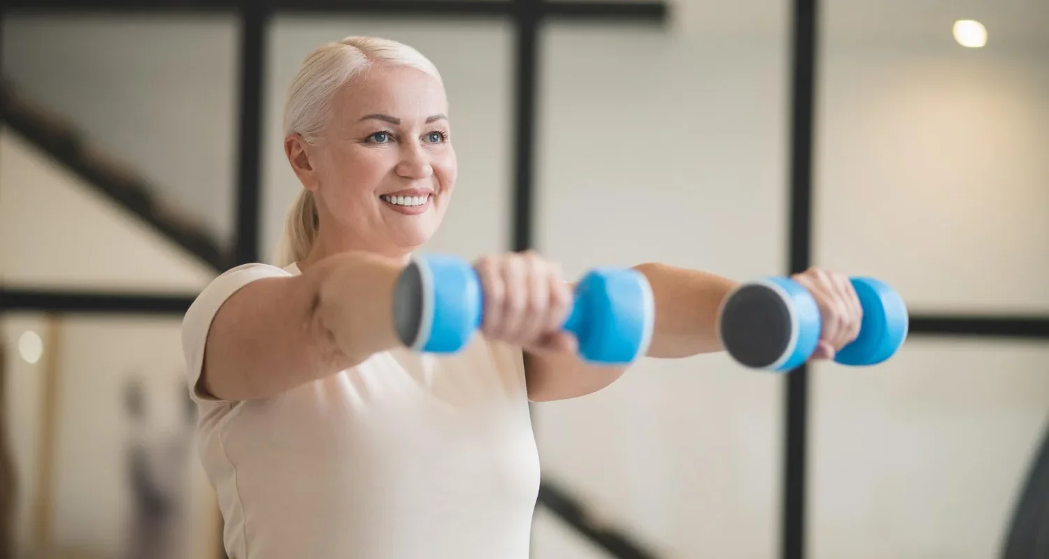 Woman over 40 strength training with dumbbells at home