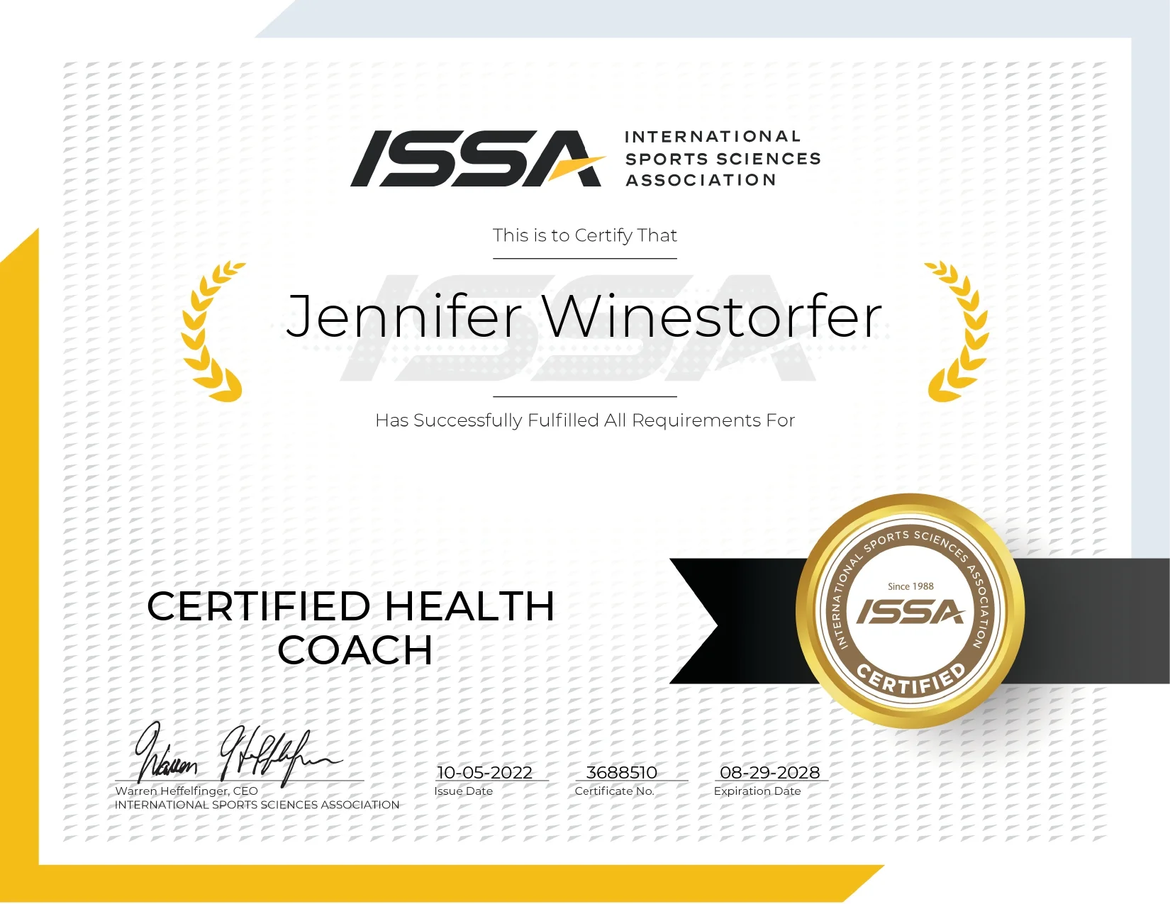 ISSA certificate displaying the name Jennifer Winestorfer with a gold seal and laurel, indicating Certified Health Coach issuance by the International Sports Sciences Association