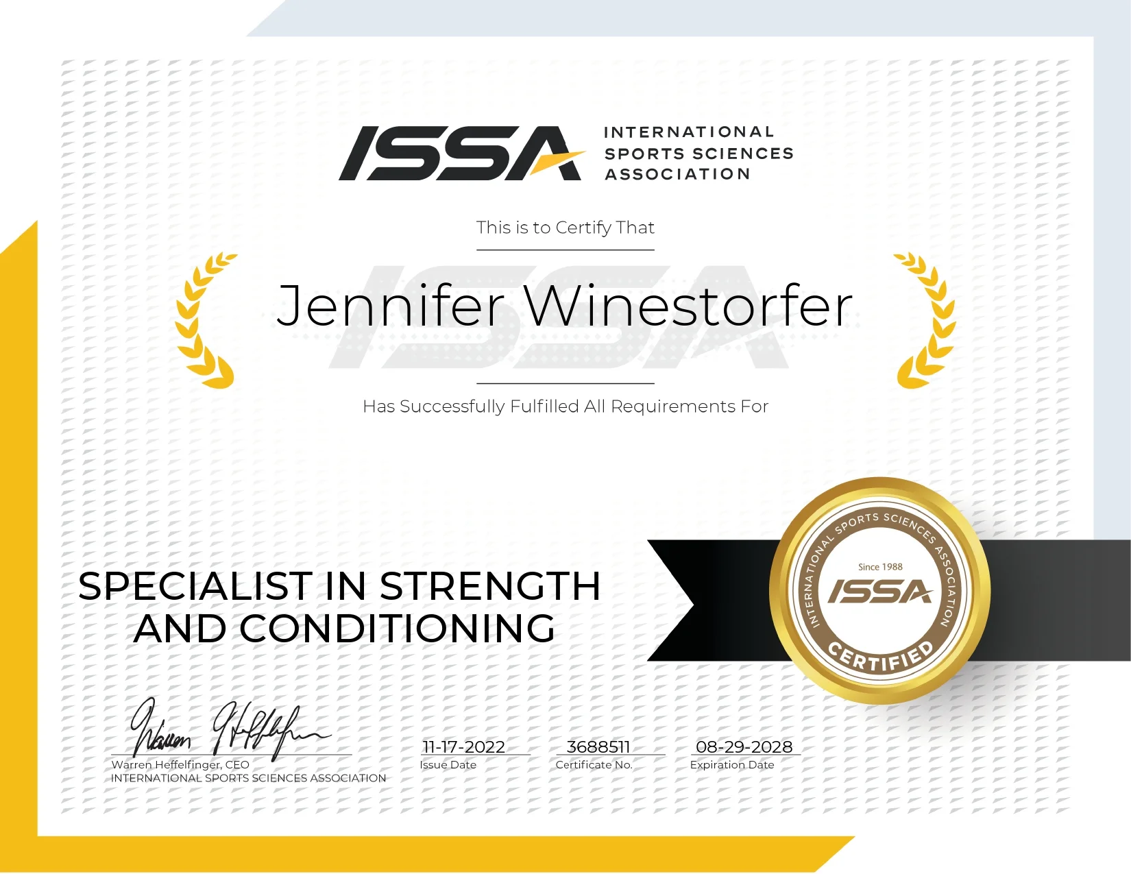 ISSA Certified Specialist in Strength and Conditioning - certification badge — JenCalling