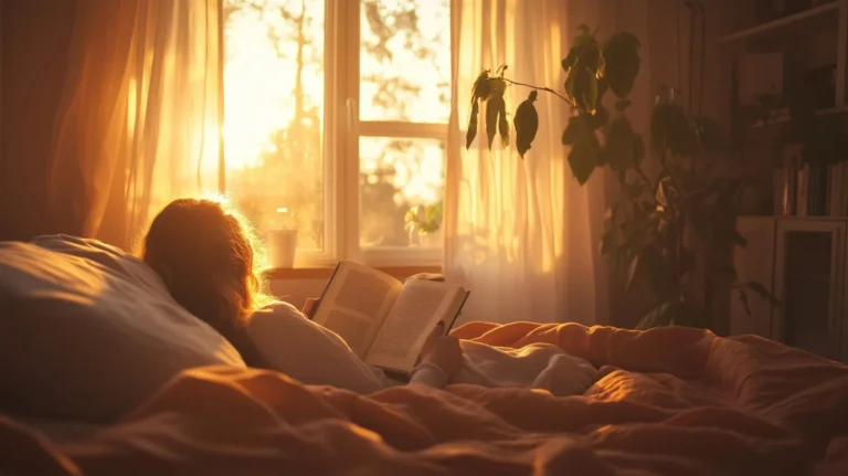 Sunlight streaming through curtains in a warm softly lit bedroom at sunrise