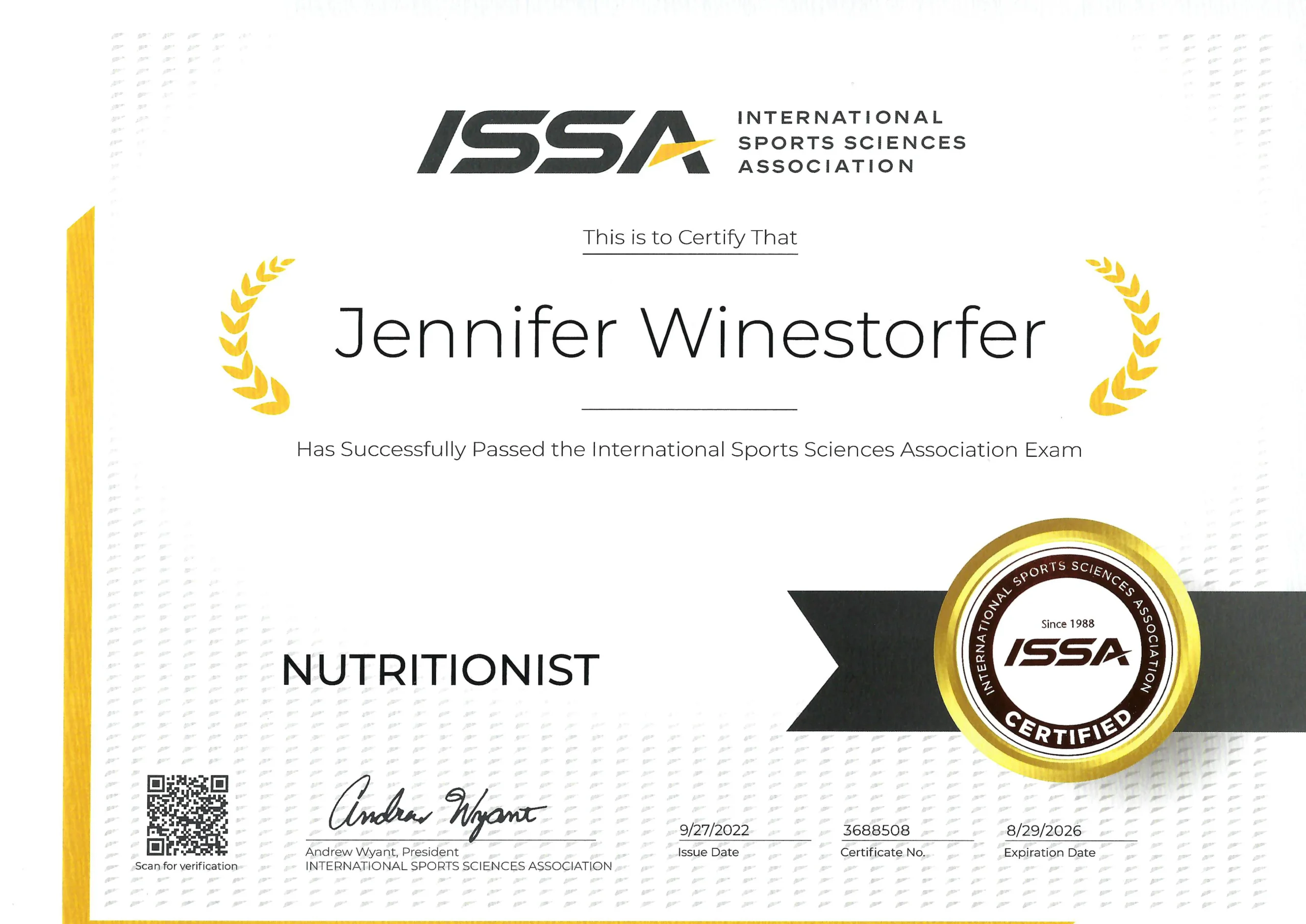 ISSA Certified Nutritionist - certification badge — JenCalling
