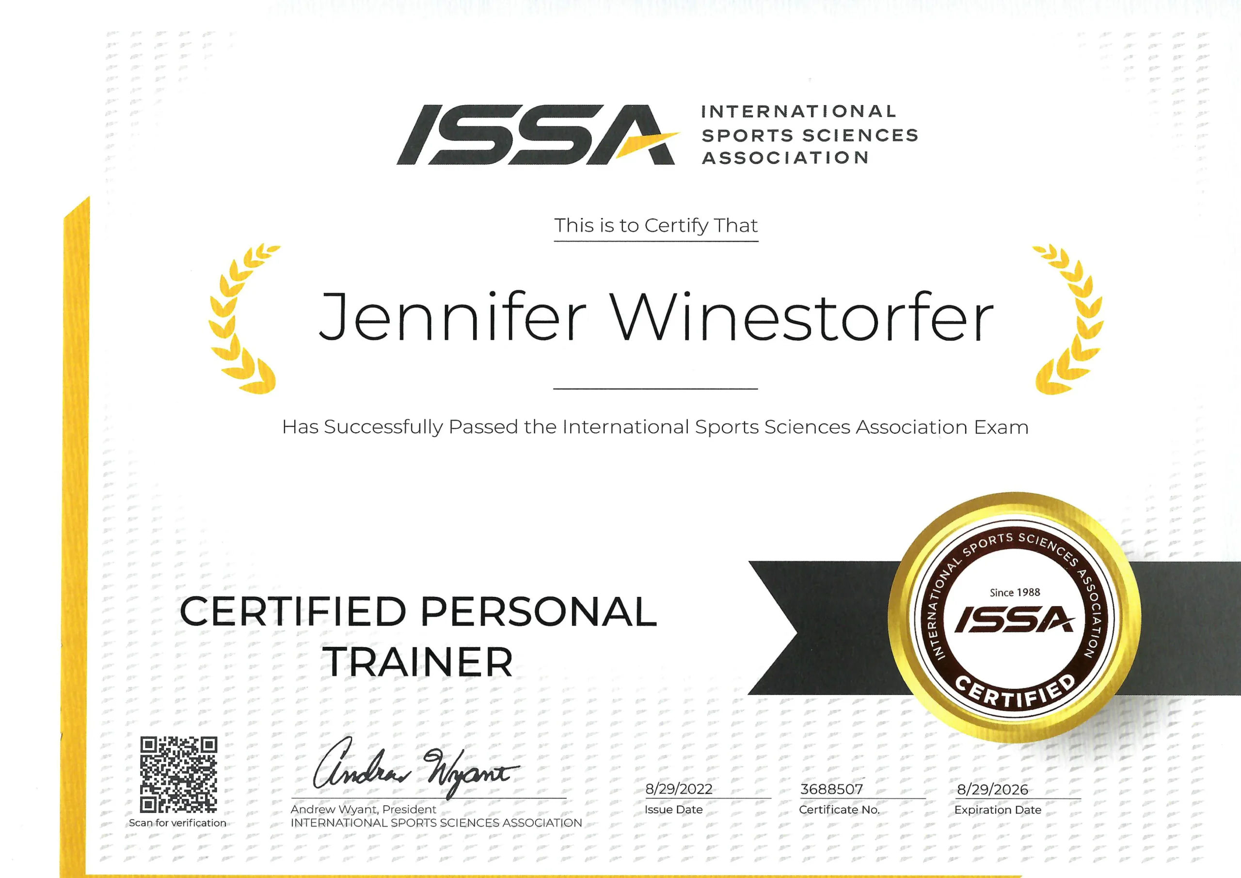 ISSA Certified Personal Trainer certification badge — JenCalling