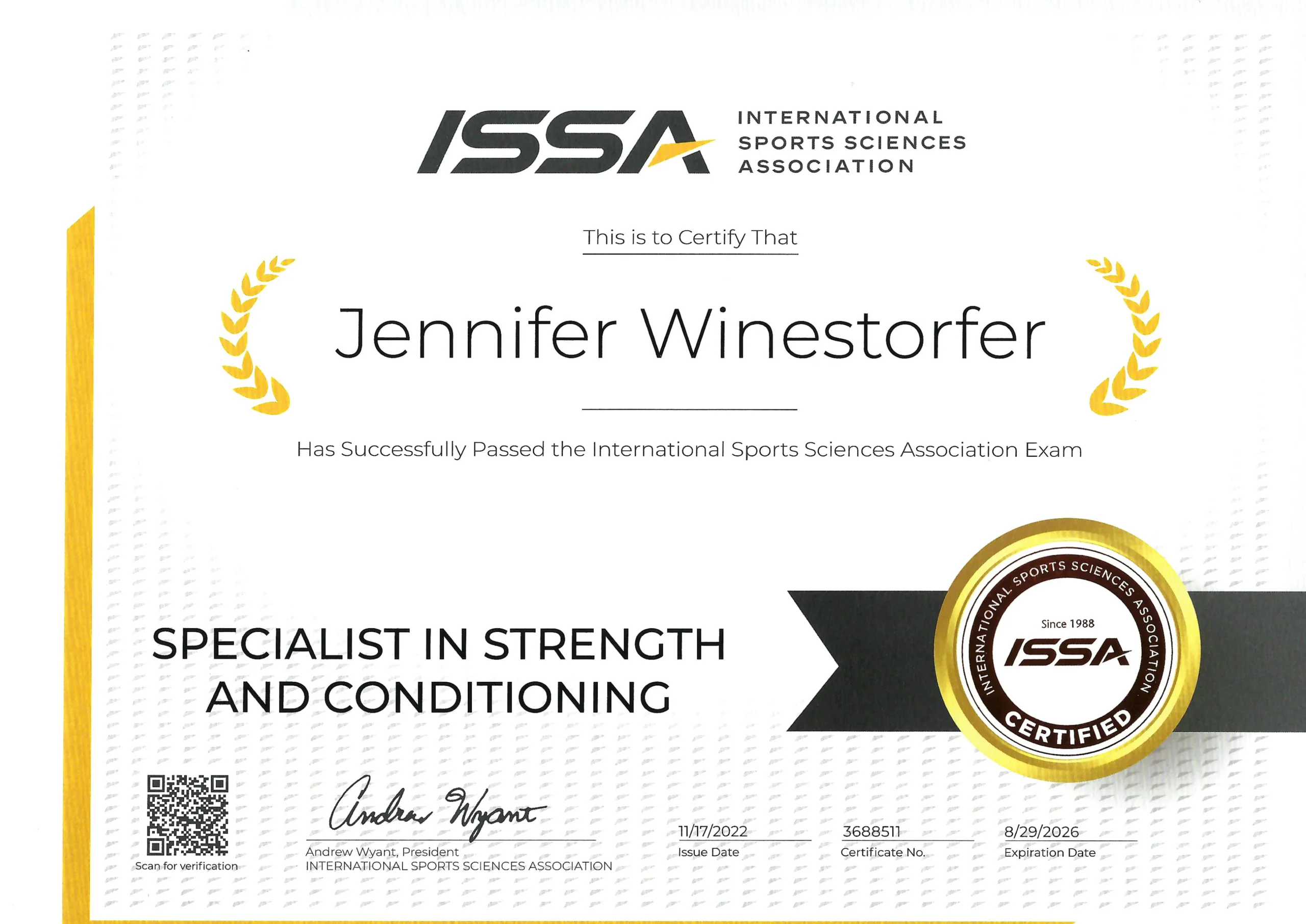 ISSA Certified Specialist in Strength and Conditioning - certification badge — JenCalling