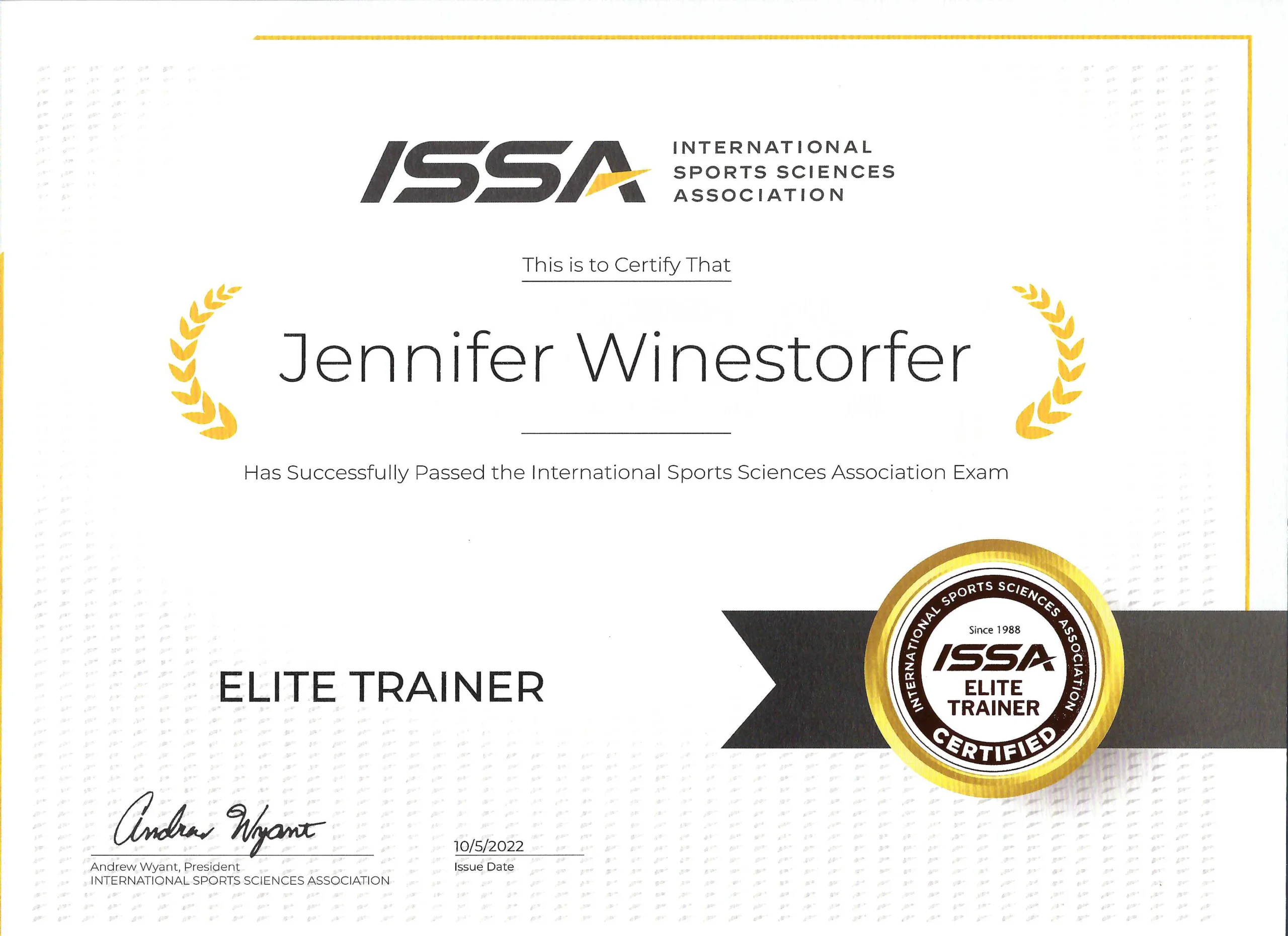 ISSA Elite Trainer certification badge — JenCalling