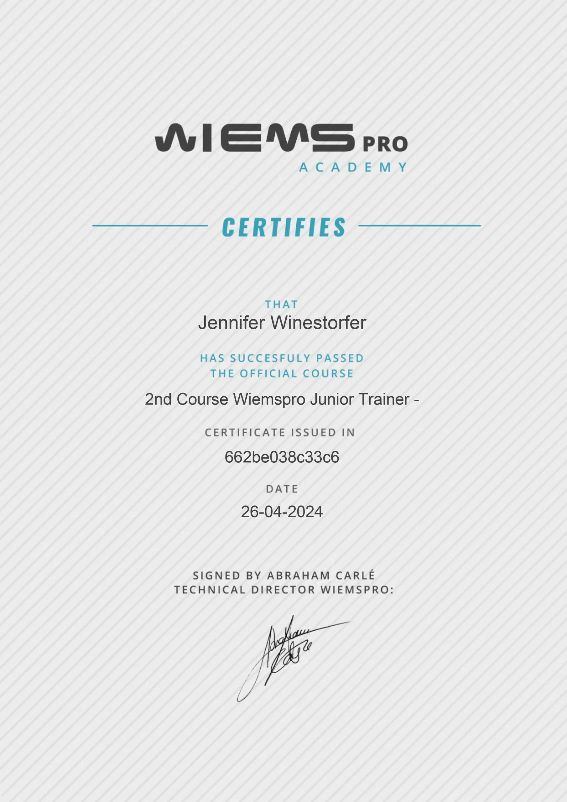 Weimspro Academy Junior Trainer Certificate - JenCalling