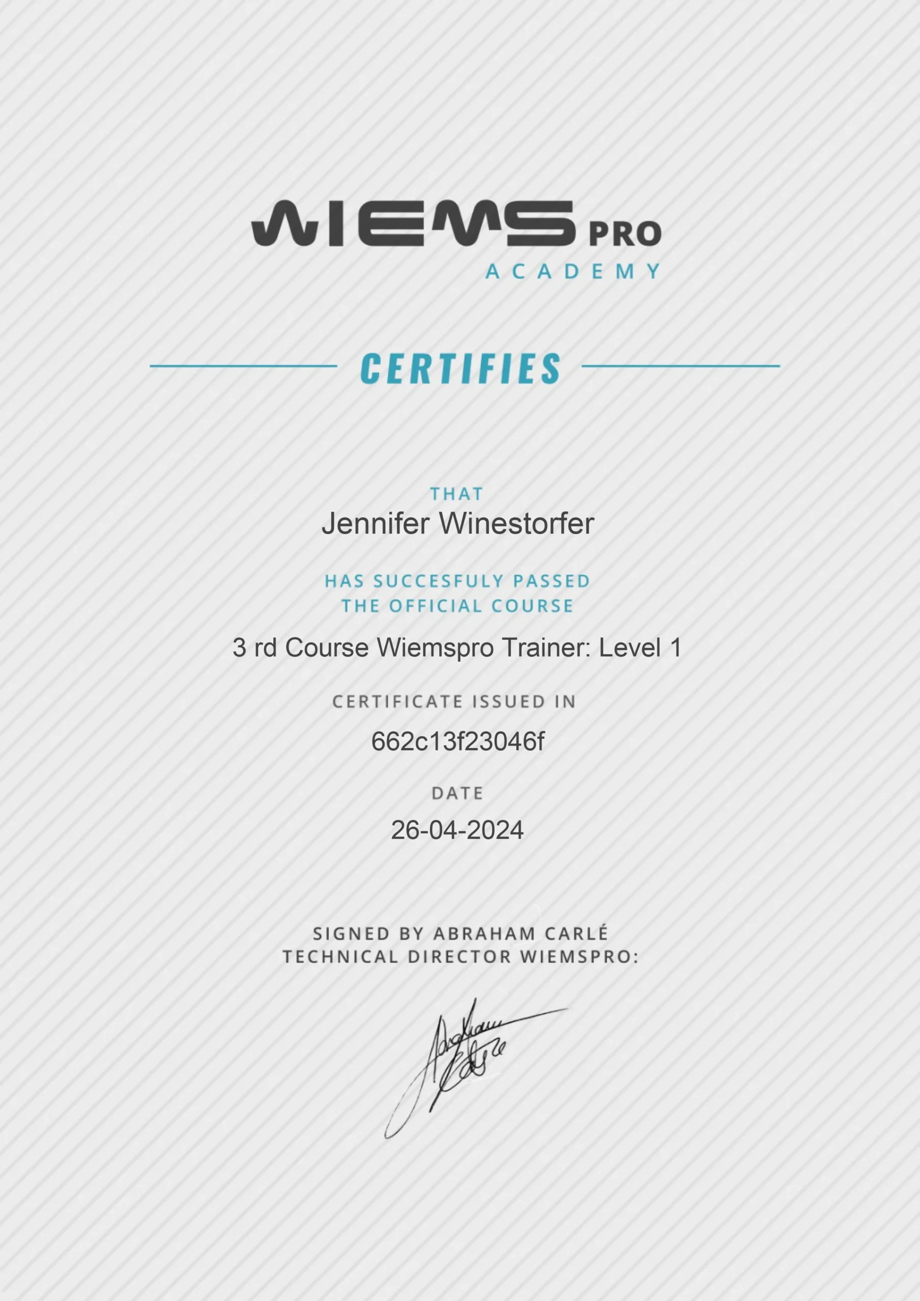 Weimspro Academy Level 1 Trainer - JenCalling