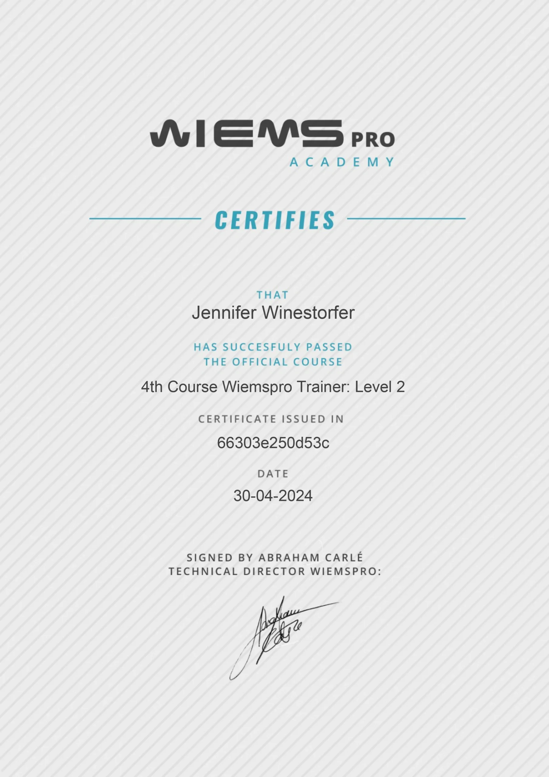 Weimspro Academy Level 2 Trainer - JenCalling