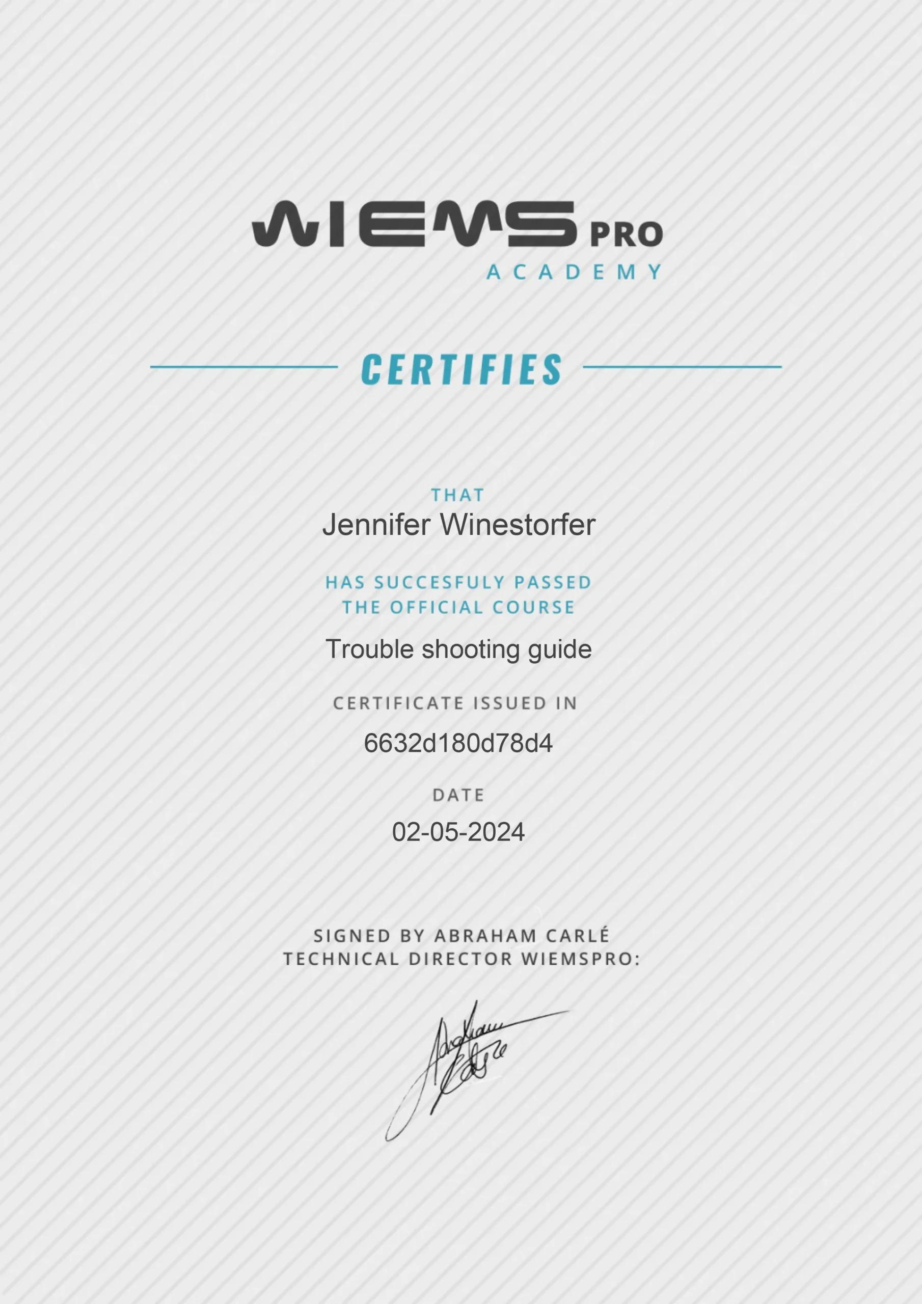 Weimspro Academy Troubleshooting guide certificate - JenCalling