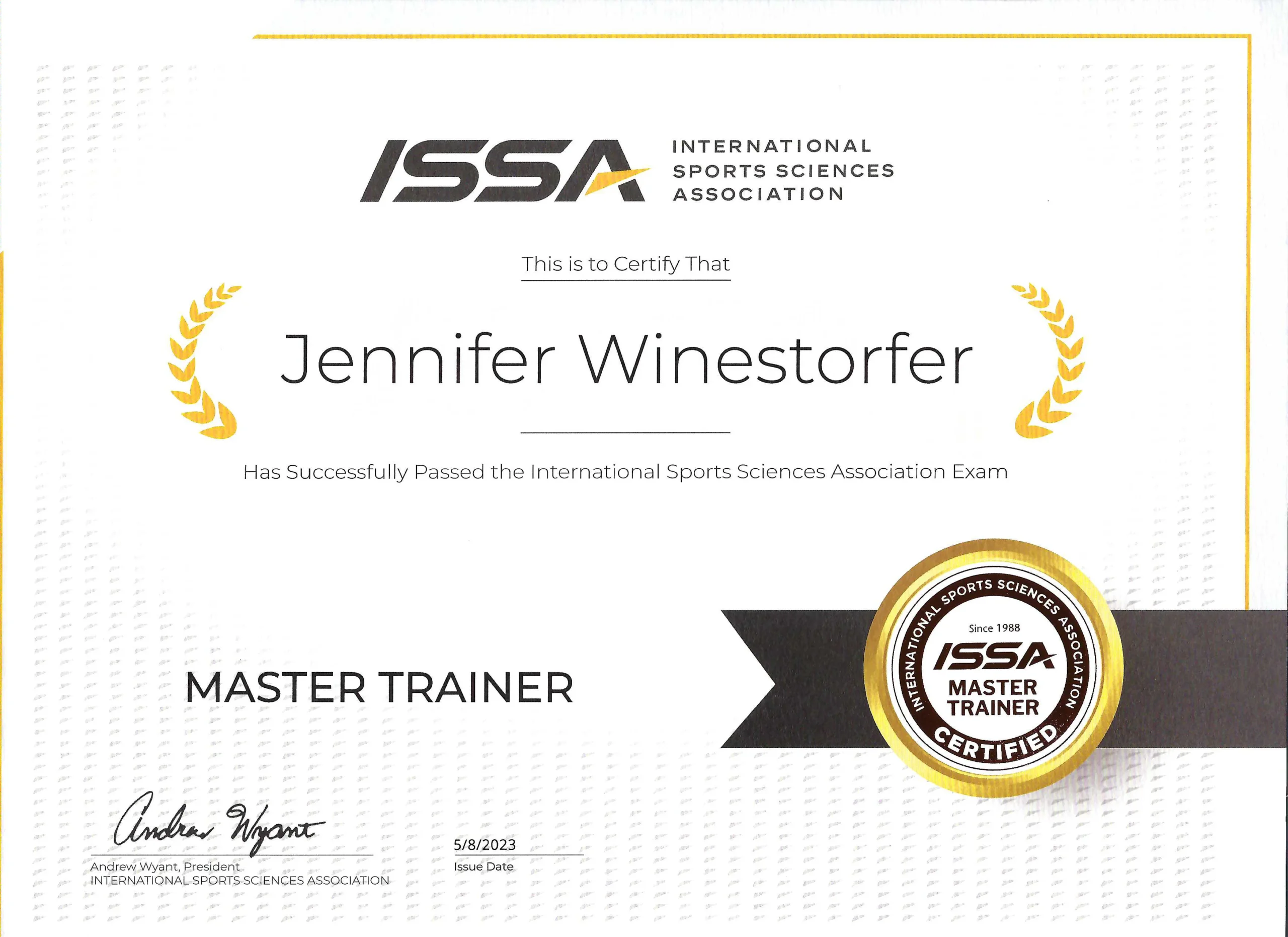 ISSA Master Trainer certification badge — JenCalling