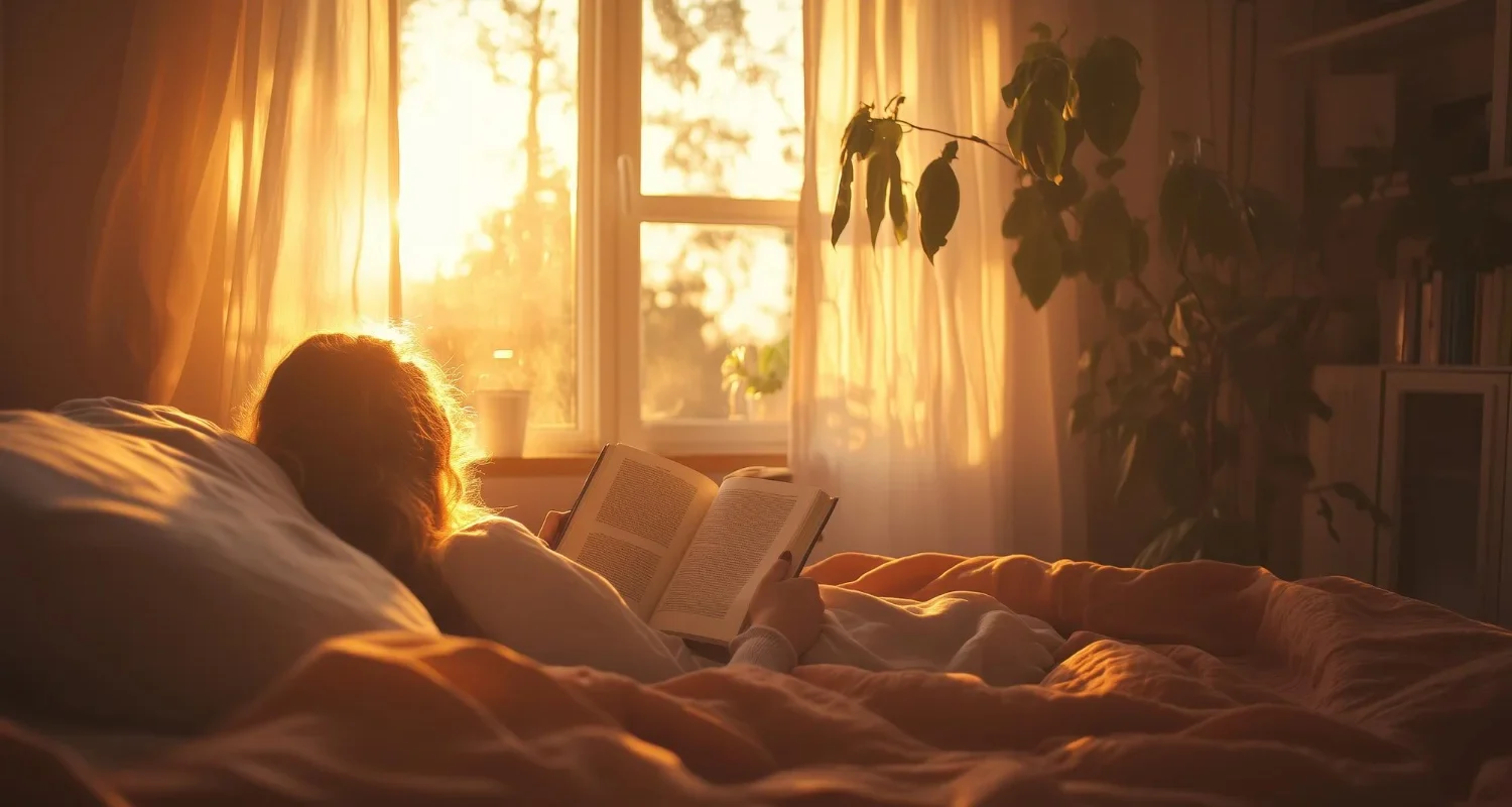 Sunlight streaming through curtains in a warm softly lit bedroom at sunrise